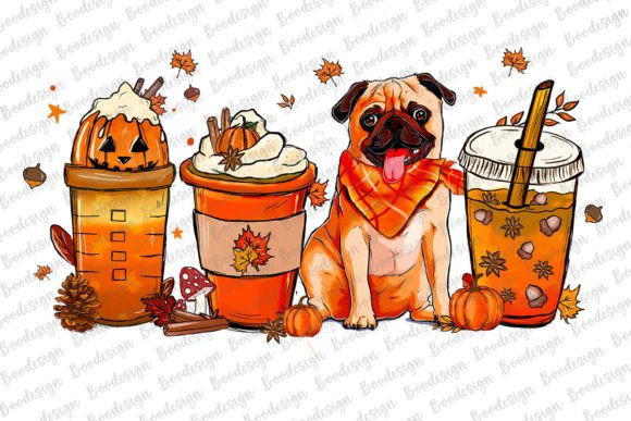 Autumn Coffee Cup with Bulldog PNG